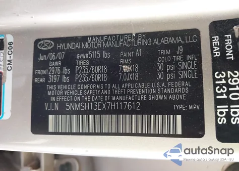 2007 Hyundai Santa Fe Limited/Se z USA, uszkodzony, nr VIN 5NMSH13EX7H117612